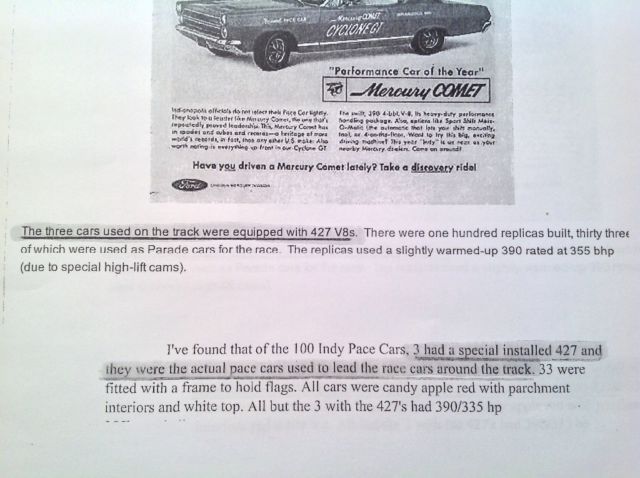 1966 Mercury Comet Cyclone Pace Car Conv. (S codes) 427, 4spd & 390, auto - photo 2