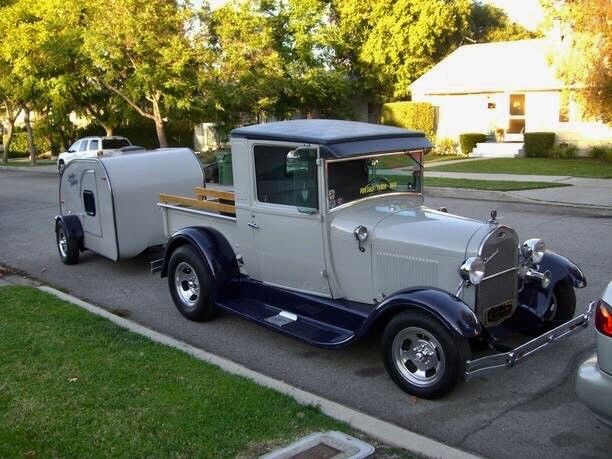 1928 Ford Model A Pick Up Truck Street Rod with 1946 Teardrop Camper 1928 Ford Model A Street Rod Blue