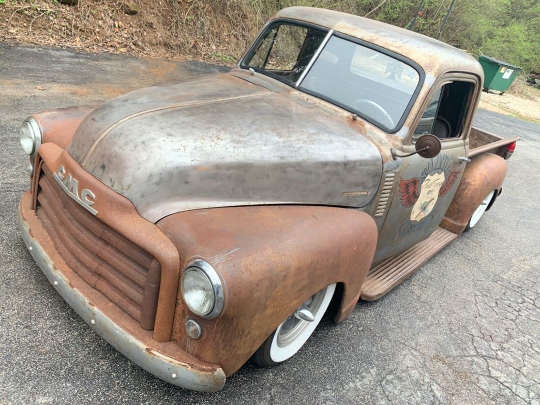 1950 GMC 100 3 Window Short Bed Badass SBC V8 Air Bag Hotrod Patina Ratrod Shop 1950 GMC 100 Shortbed Bagged Rat Rod Old School Shop Truck
