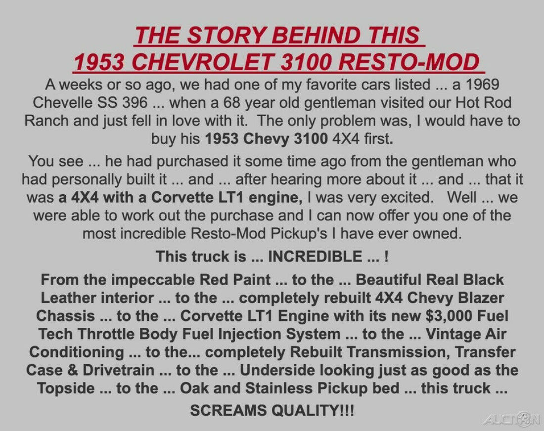 1953 Chevrolet Other Pickups 3100 Resto-Mod / FiTech LT1 V8 / 4x4 - photo 7