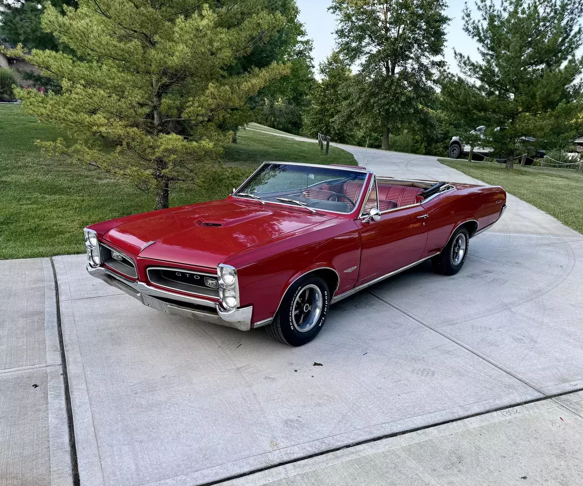 1966 GTO CONVERTIBLE 389 TRI POWER 4SPD PS PB TACH FACTORY RED ON RED 1966 PONTIAC GTO TRI POWER CONVERTIBLE 389 TRI-POWER 4SPD PS PB TACH
