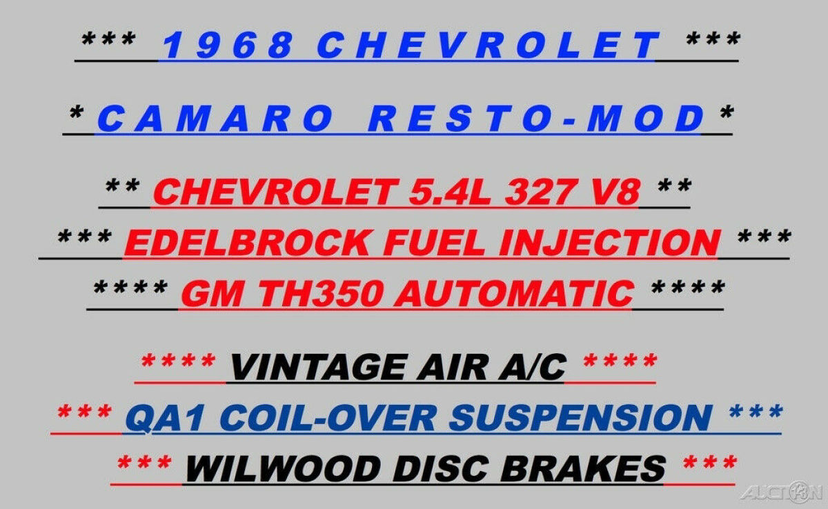 1968 Chevrolet Camaro Resto-Mod / Edelbrock EFI 327 V8 / PAINTED Flat Blue / A/C - photo 3