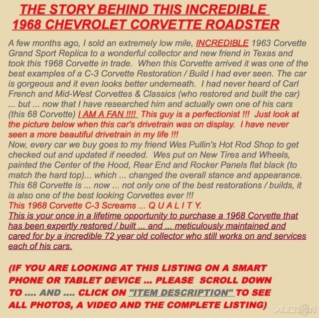 1968 Chevrolet Corvette Convertible [Built By: Carl French] / 3,300 MILES - photo 9