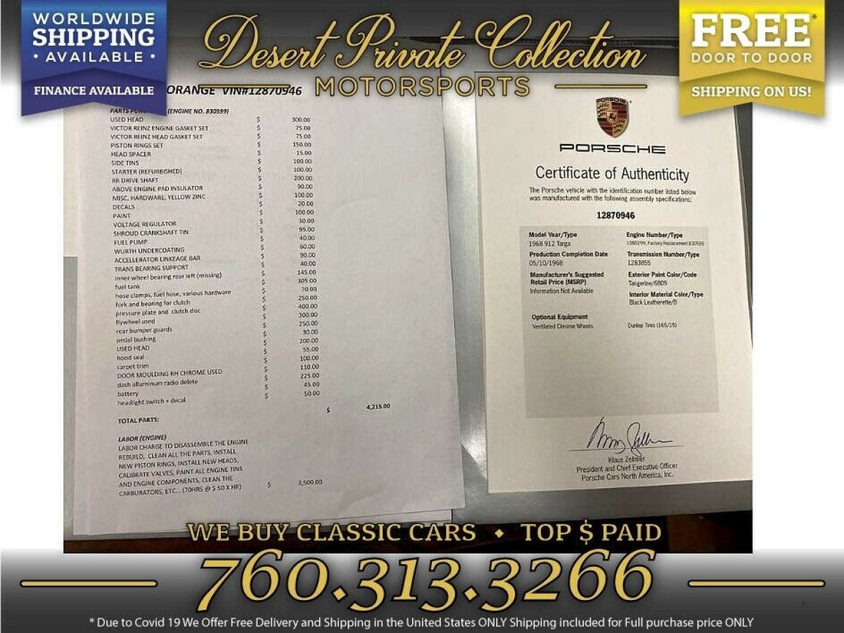 1968 Porsche Targa 912 + COA Restored - photo 5