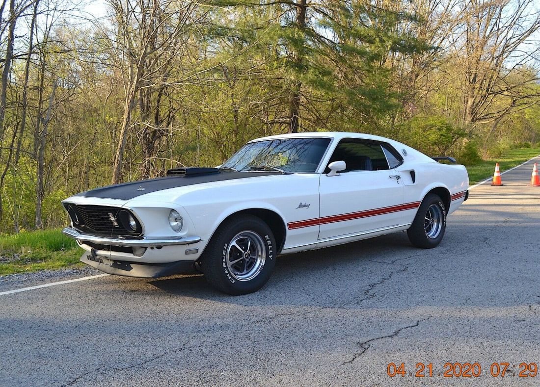 1969 MACH 1 M-CODE 351 4BBL SHAKER HOOD PS PDB SOLID STRAIGHT BEAUTIFUL WHITE 1969 Ford Mustang 351 SHAKER HOOD AUTO PS PDB FOLD DOWN LOUVERS