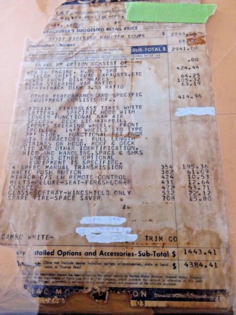 1969 TRANS AM FIREBIRD 4 SPD RAM AIR III PHS WINDOW STICKER NOS DOCUMENTED 1969 Pontiac Trans Am Rare