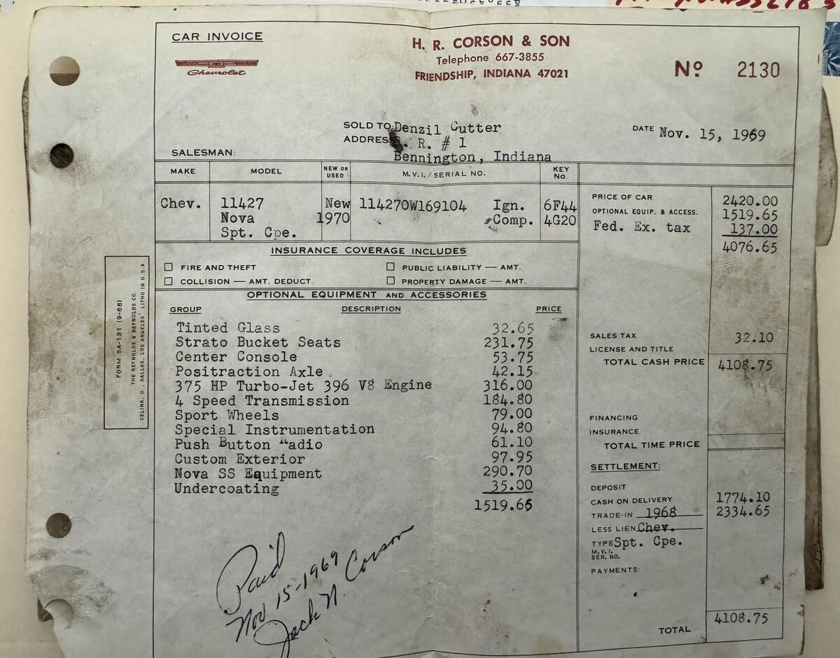 1970 CHEVROLET SS L78 NOVA SS L78 396/375HP 4SPD 12 BOLT PDB TACH - photo 2