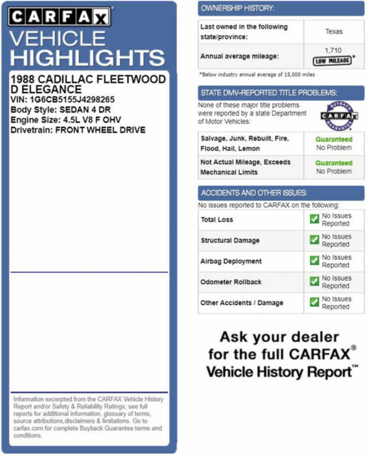1988 Cadillac Fleetwood DElegance 1 Owner 52K Mi Texas Carriage Top CARFAX! - photo 11