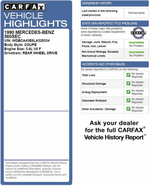 1990 Mercedes-Benz S-Class 560 SEC 560SEC 2DR V8 Coupe California CARFAX W126 - photo 11