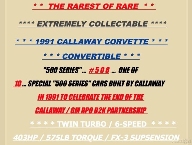 1991 Chevrolet Corvette Callaway 500 Series #508 / Twin Turbo / 5K MILES - photo 3
