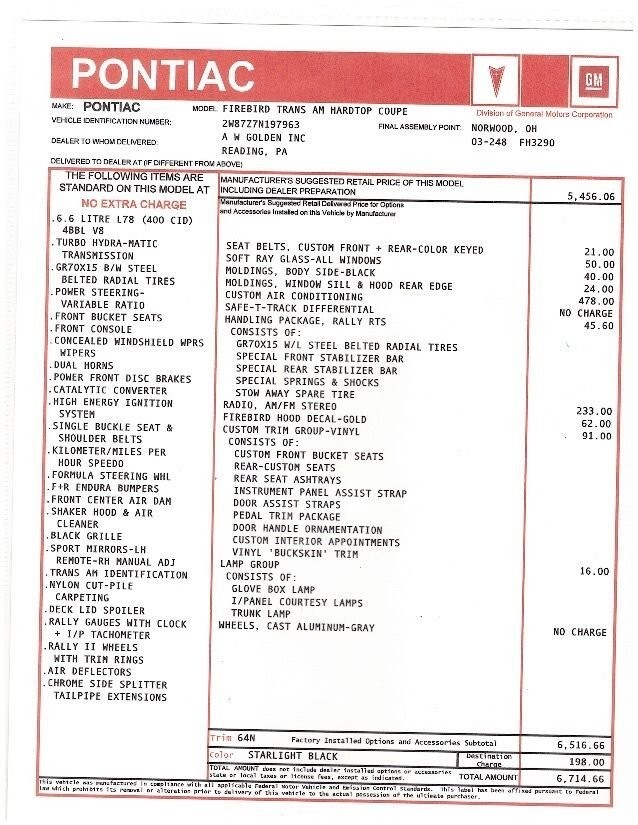 1977 Pontiac Firebird 6.6 Litre L78 Automatic A/C - photo 4