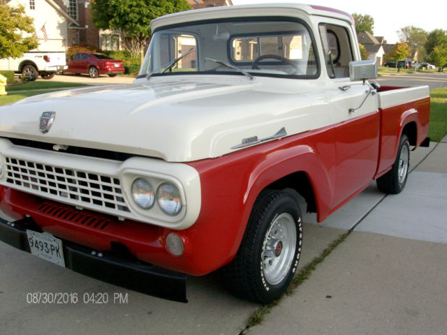 BEAUTIFUL RARE 1958 FORD F100 V8 - EXTRA CLEAN - BRIGHT RED / WHITE INTERIOR - 1958 Ford F-100 272 V8 FLEETSIDE PICKUP