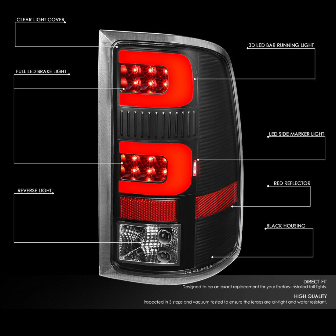 Build-in LED Brake Light; Direct Bolt-On Replacement! FOR 2007-2014 GMC SIERRA PAIR BLACK HOUSING RED 3D LED BAR TAIL LIGHT BRAKE LAMP