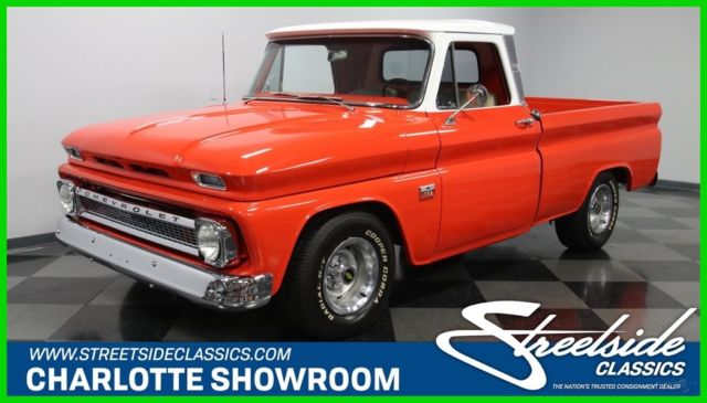 chevy vintage classic red custom tan interior chrome restored wooden bed lowered 1966 Chevrolet C10