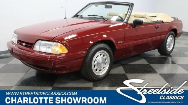 classic FoMoCo red burgundy beige interior manual transmission drop top stang 1988 Ford Mustang LX 5.0
