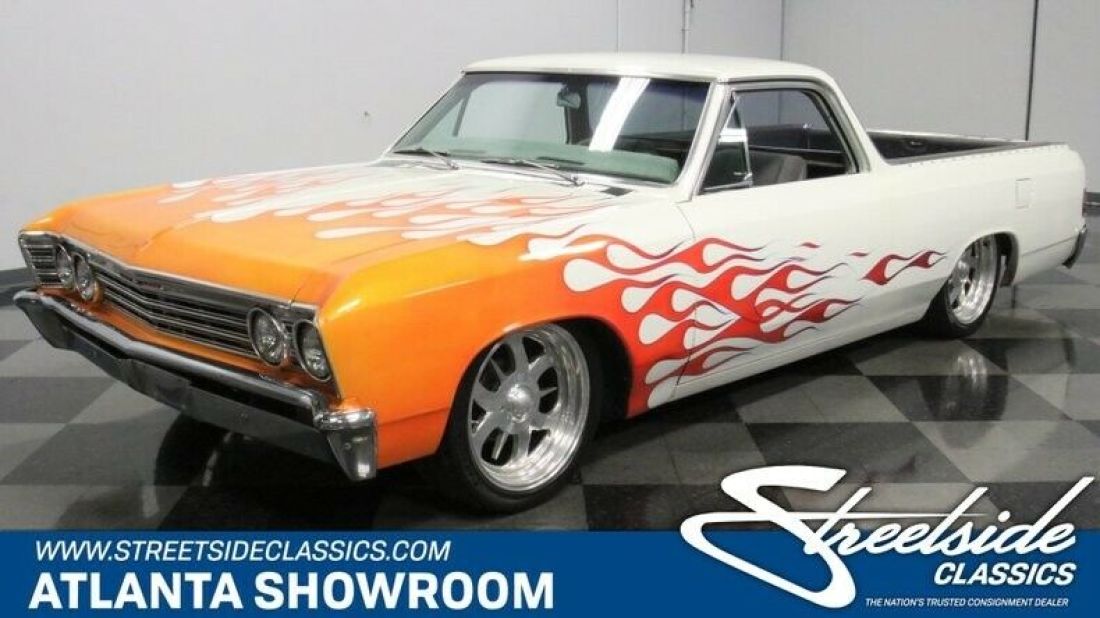 classic vintage chrome chevy 350 v8 2-speed auto transmission flames white 1967 Chevrolet El Camino