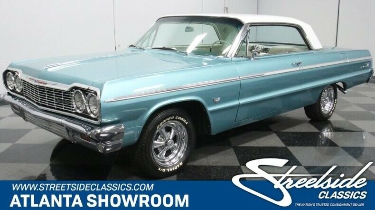 classic vintage chrome chevy ss 327 v8 4-speed manual transmission azure aqua 1964 Chevrolet Impala SS