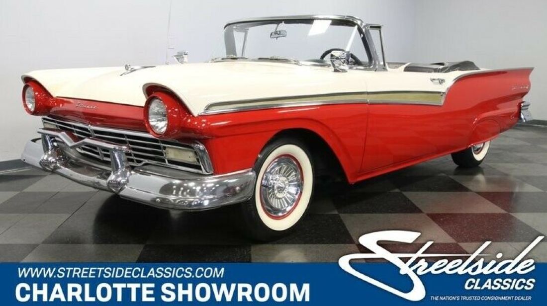 classic vintage chrome convert rad drop top red white black vinyl interior 1957 Ford Fairlane Sunliner