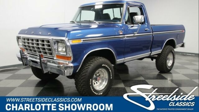 classic vintage chrome dentside FOMOCO side pipe exhaust blue metallic leather i 1979 Ford F-150 Ranger XLT 4x4
