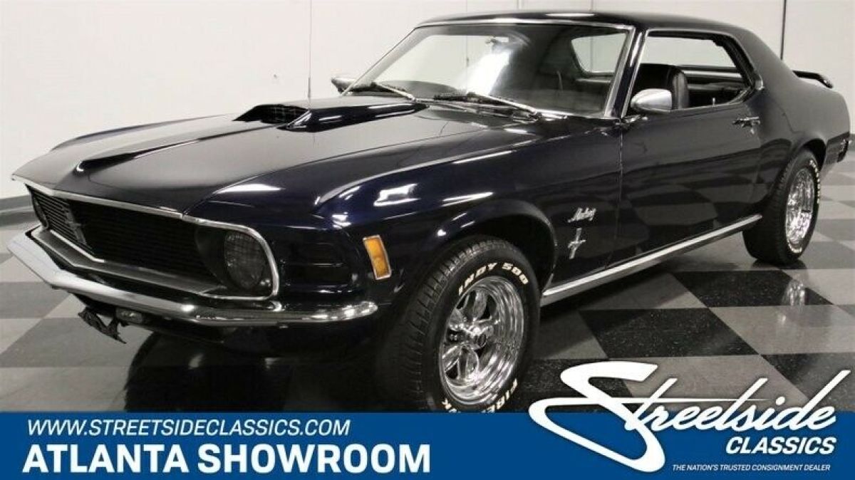 classic vintage chrome fomoco 302 v8 auto transmission blue 1970 Ford Mustang