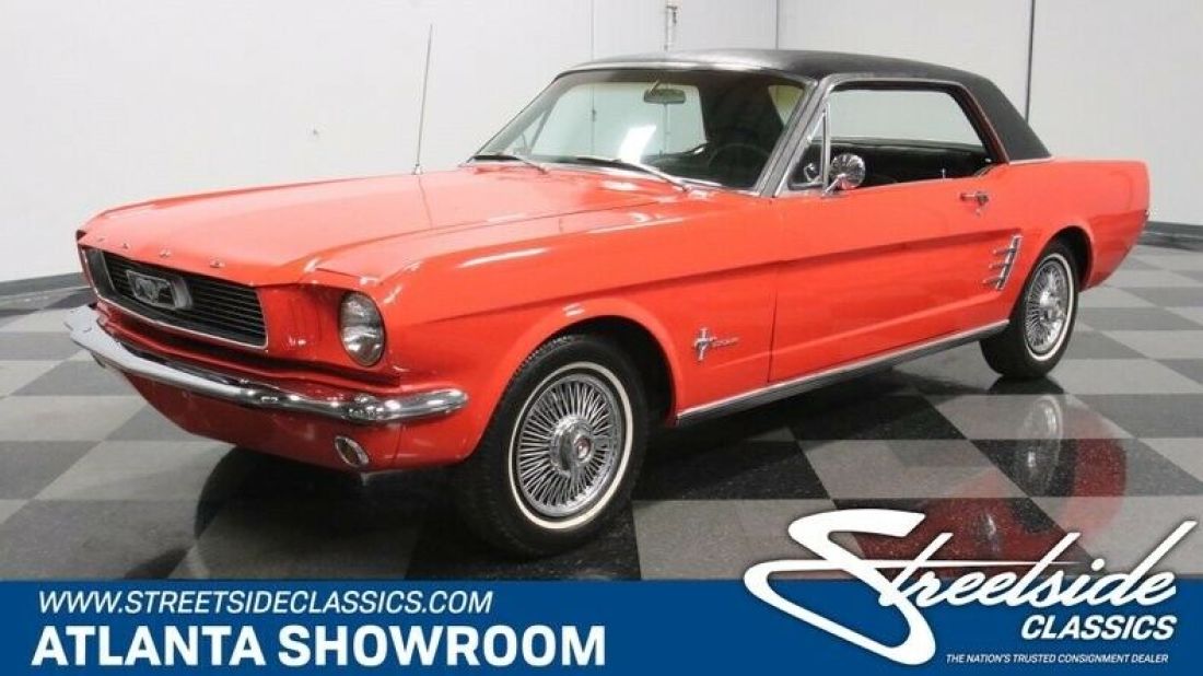 classic vintage chrome fomoco pony car stang inline 6 auto transmission red 1966 Ford Mustang