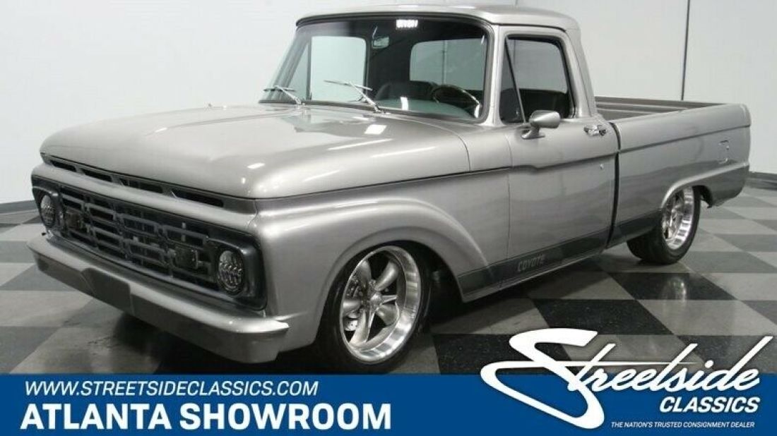 classic vintage chrome fomoco restomod 5.0 liter coyote 4-speed auto silver 1964 Ford F-100 Coyote Restomod