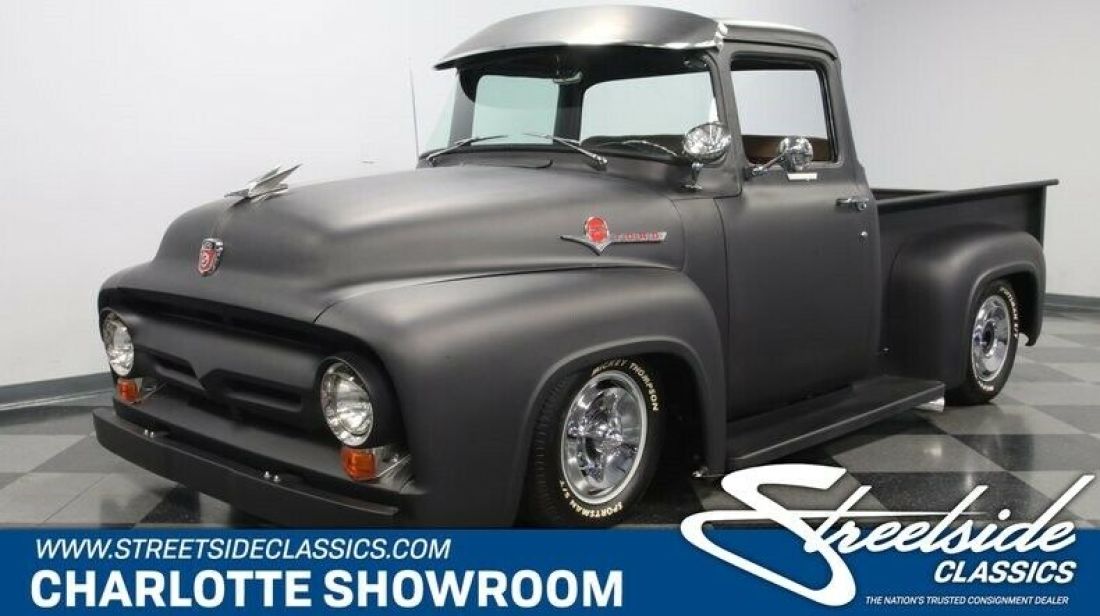classic vintage chrome matte black paint fender skirts restored coil overs 1956 Ford F-100 Big Window Restomod