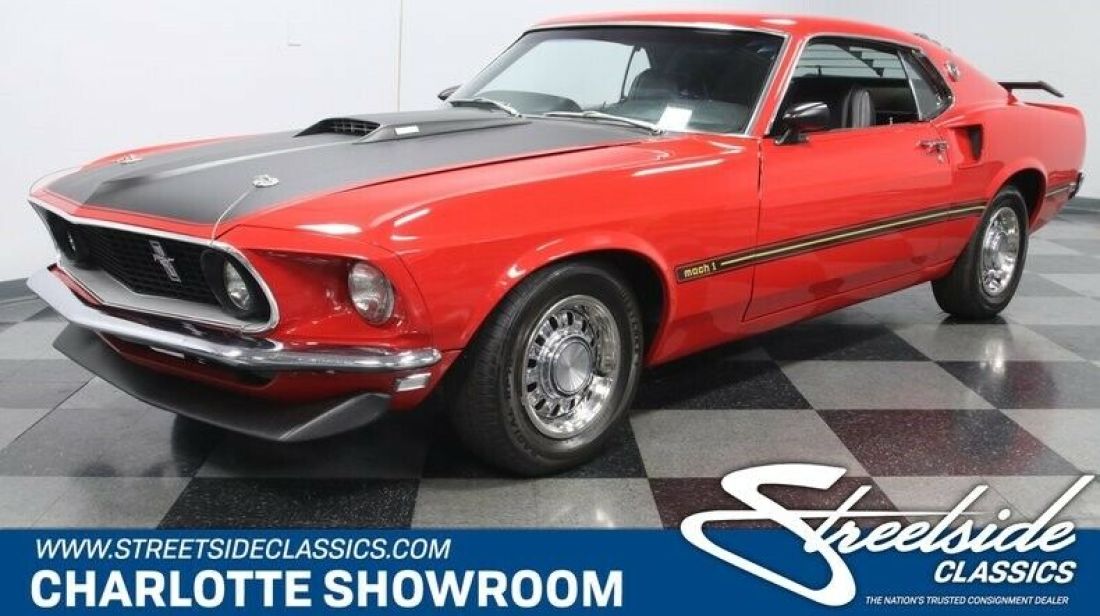 classic vintage chrome red FoMoCo stang red black vinyl interior automatic 1969 Ford Mustang Mach 1