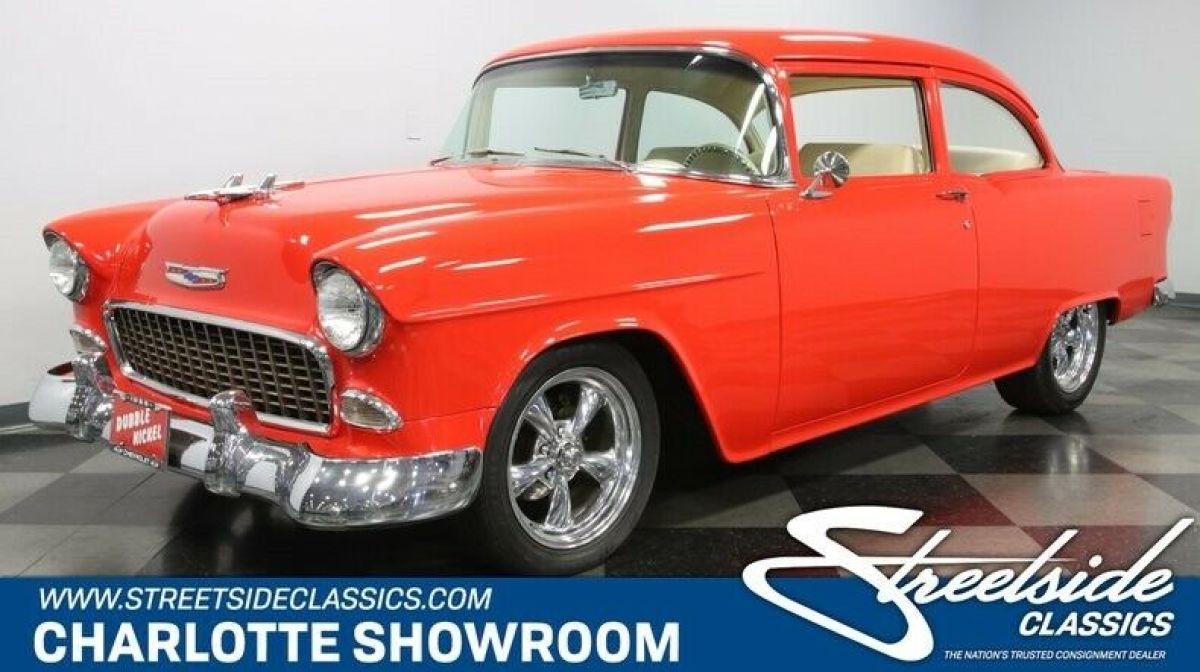 classic vintage chrome REV wheels Flowmaster custom interior Chevy sbc 1955 Chevrolet Bel Air/150/210 Restomod