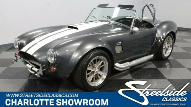 classic vintage chrome roadster side pipes race stripe gray white black Holley 1965 Shelby Cobra Factory Five