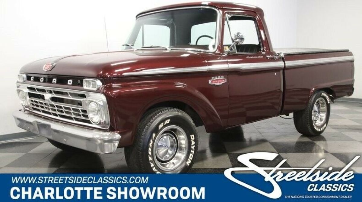 classic vintage chrome short bed truck leather interior FE block automatic 1966 Ford F-100 Custom Cab