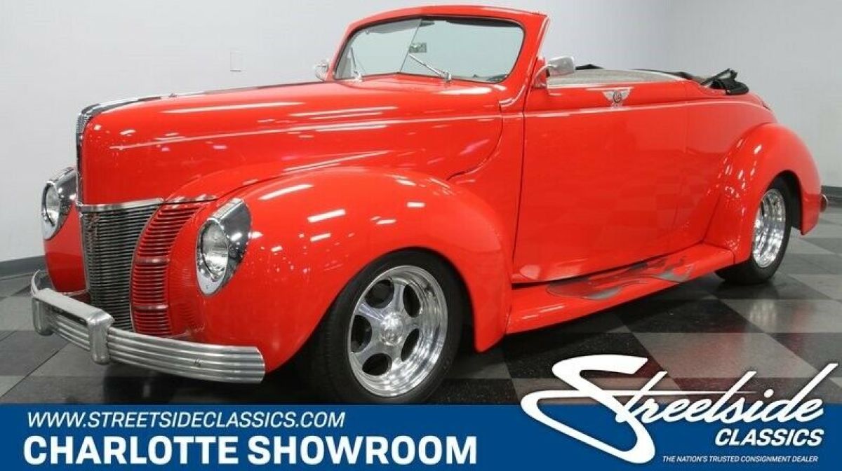classic vintage chrome street hot rod black cloth top VDO FlowMaster red paint 1940 Ford Deluxe Convertible Coupe