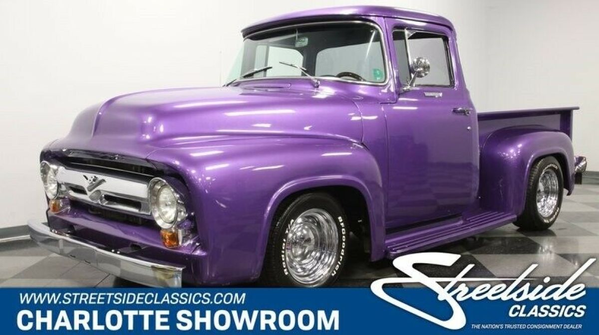 classic vintage chrome tilt hood air conditioning wooden bed short bed 1956 Ford F-100 Big Window