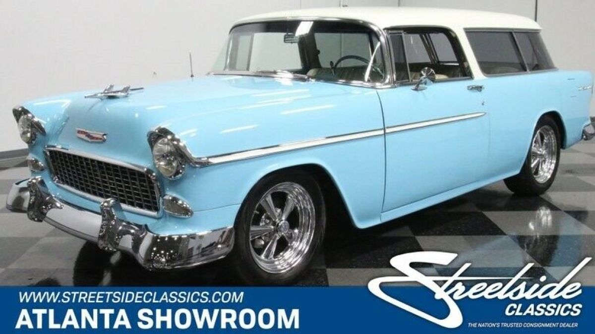 classic vintage chrome wagon restomod chevy 350 v8 auto transmission blue 1955 Chevrolet Nomad Restomod