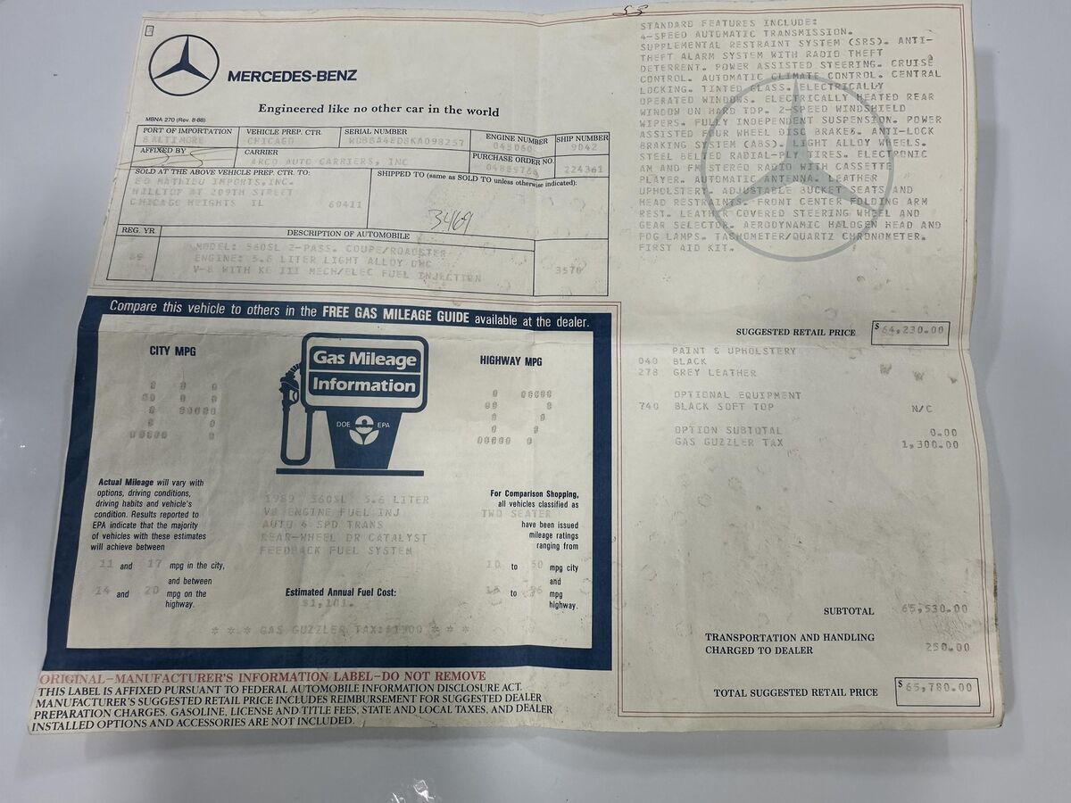 1989 Mercedes Benz R107 040 Black Paint Factory Hardtop FULL DOCUMENTED - photo 7