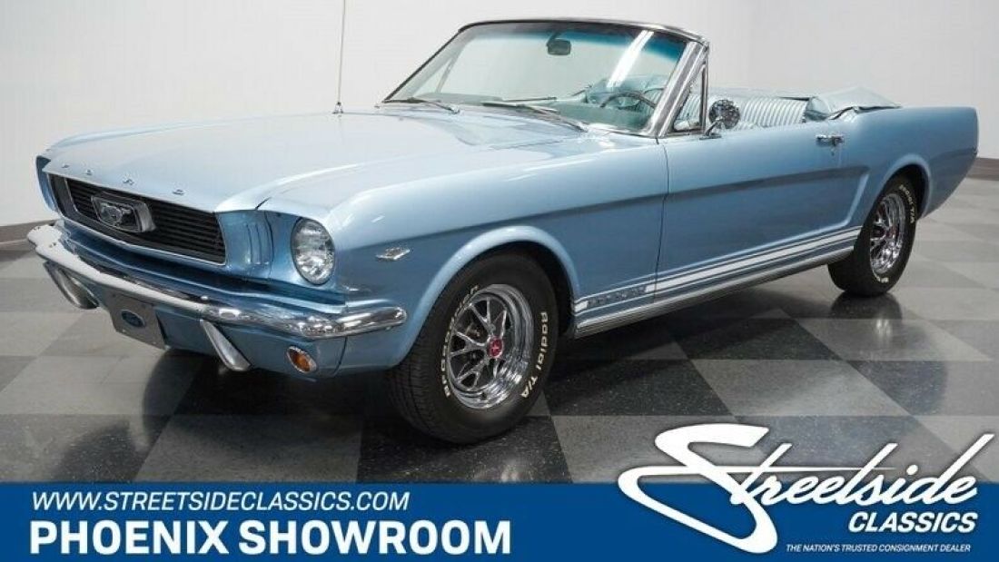 V8 Auto Classic Vintage Collector Pony Droptop Blue White Records Cruiser 1966 Ford Mustang Convertible