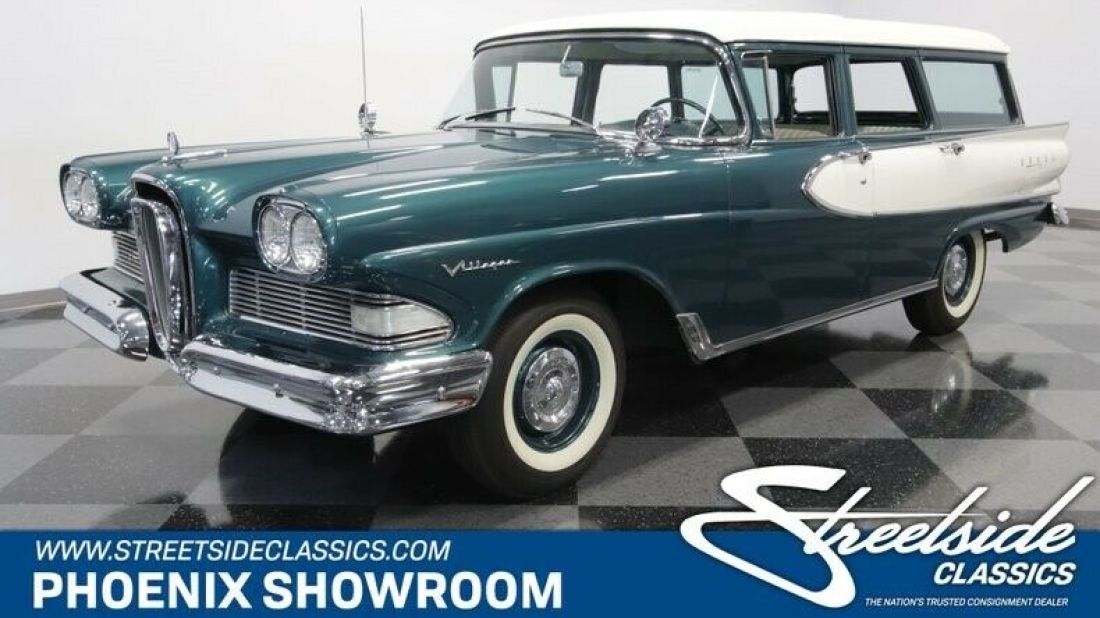 V8 Auto Classic Vintage Collector Rare Push-Button Green White Two Tone Cruiser 1958 Edsel Villager Wagon