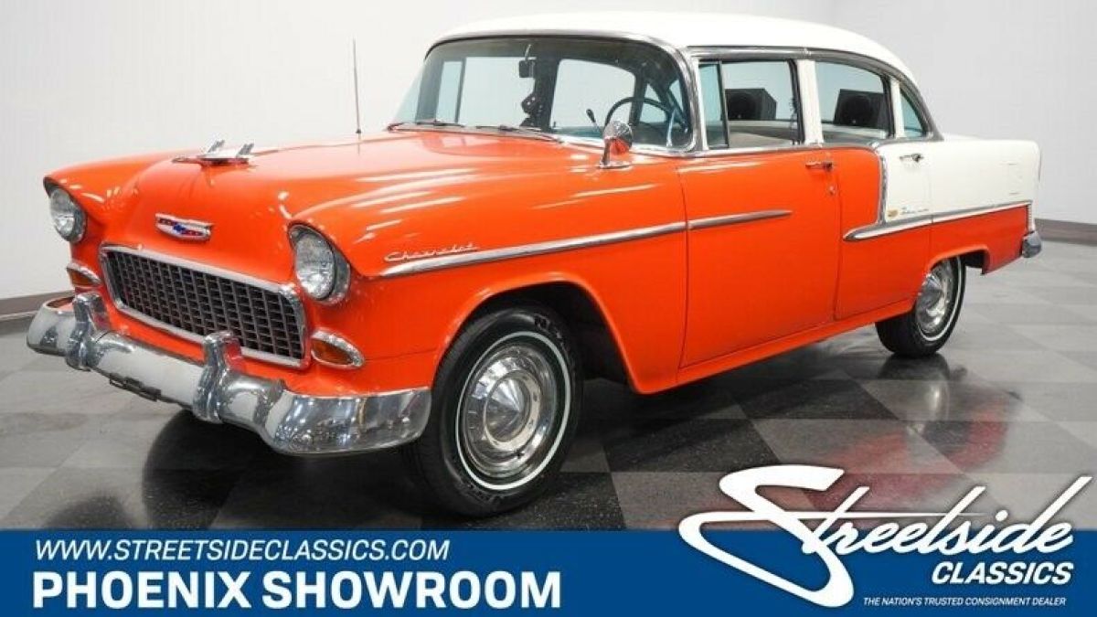 V8 Auto Powerglide Classic Vintage Collector 210 150 Chevy Tri-Five Red White 1955 Chevrolet Bel Air/150/210 4 Door Sedan