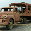 1954 CHEVROLET CAR HAULER WITH 1957 CHEVY RAT ROD AUTOMOTIVE YARD ART