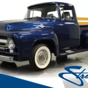 1956 Ford F-100, 302 V8, C6 auto, metallic blue, wood bed, leather bucket seats,