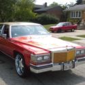 1985 Cadillac Fleetwood Brougham, Candy Apple Red, Chrome Grille, 22 inch tires