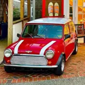 Custom Gucci seats, red with white racing stripes, Italy made Mini Cooper