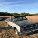 Silverado, blue with gray center stripes, long bed.